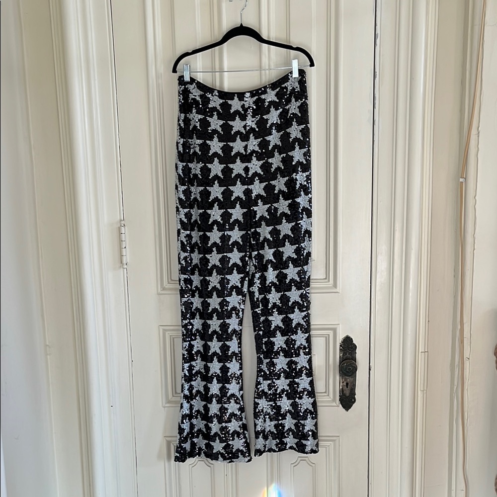 Nasty Gal Black and White Sequin Star Patterned Pants